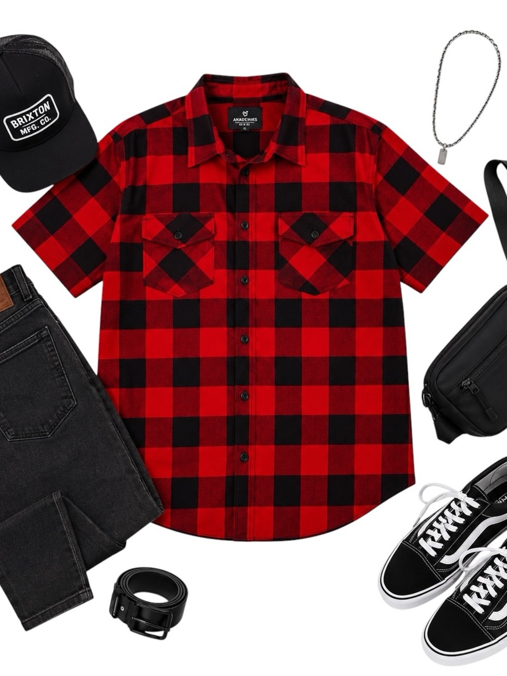 Akademiks Red Black Buffalo Plaid Button Front Shirt Mens XL Streetwear Top EUC
